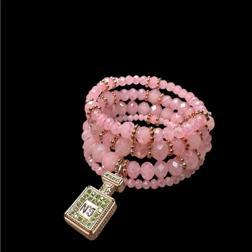 Pink Beaded Memory Bracelet with Perfume Bottle Charm - Picture 5 of 10